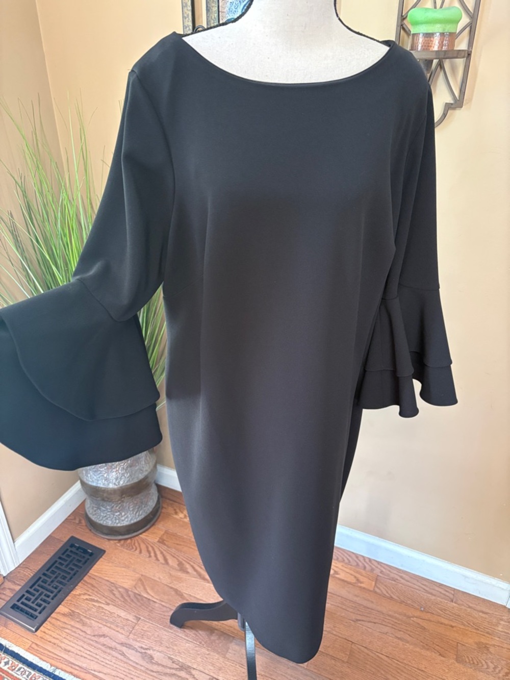 Calvin Klein Black Midi Shift Dress with Layered Bell Sleeves